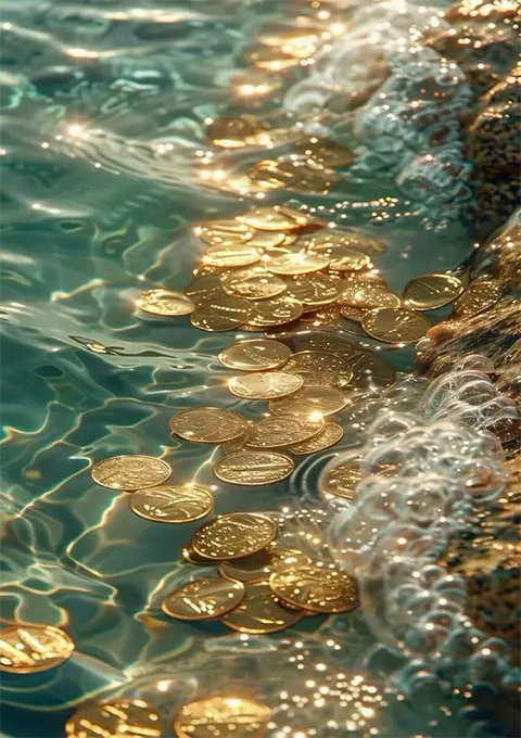 Gold coins flowing in a river symbolizing prosperity and wealth in Mammon demon pact ritual