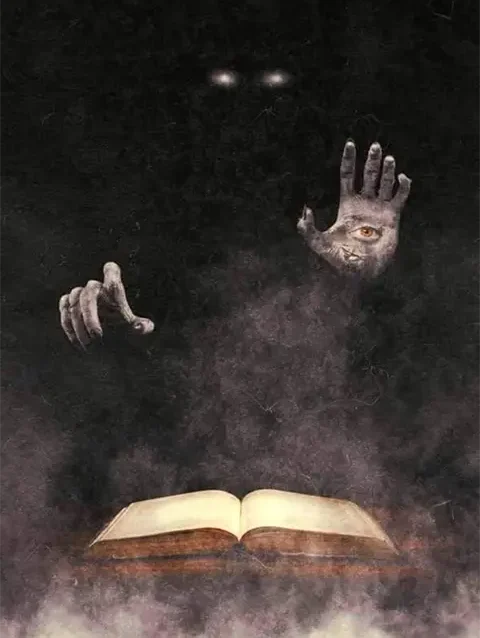 Demon figure with an eye in hand and spells book