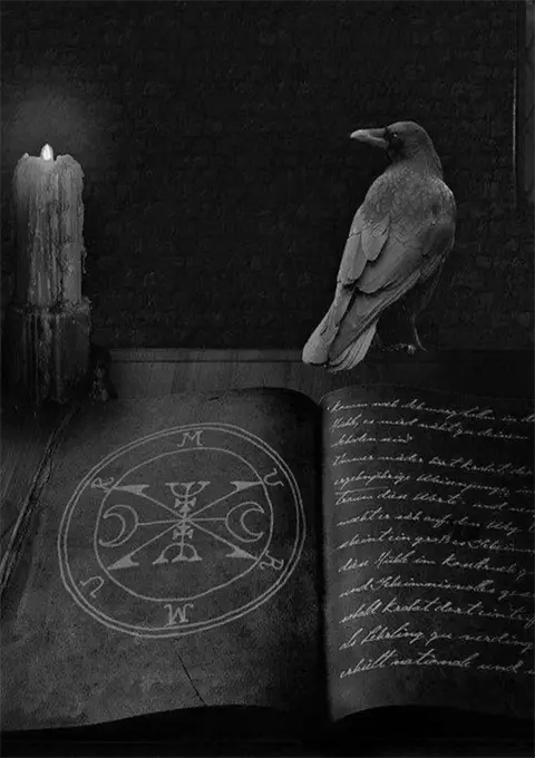 Witchcraft book with a crow and candle on an altar