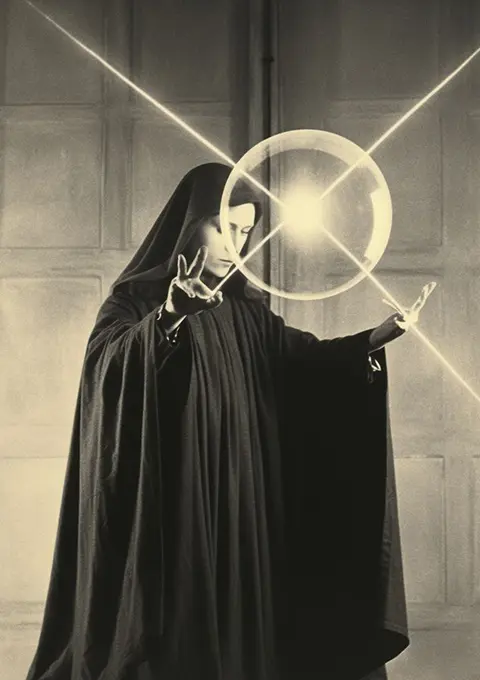 Witch casting spell with magical light between hands