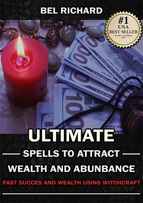Cover of the book ‘Ultimate Spells to Attract Wealth and Abundance’ featuring golden symbols and prosperity imagery