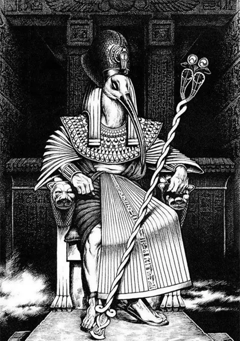 Ancient Egyptian god seated on his throne, adorned with traditional royal regalia